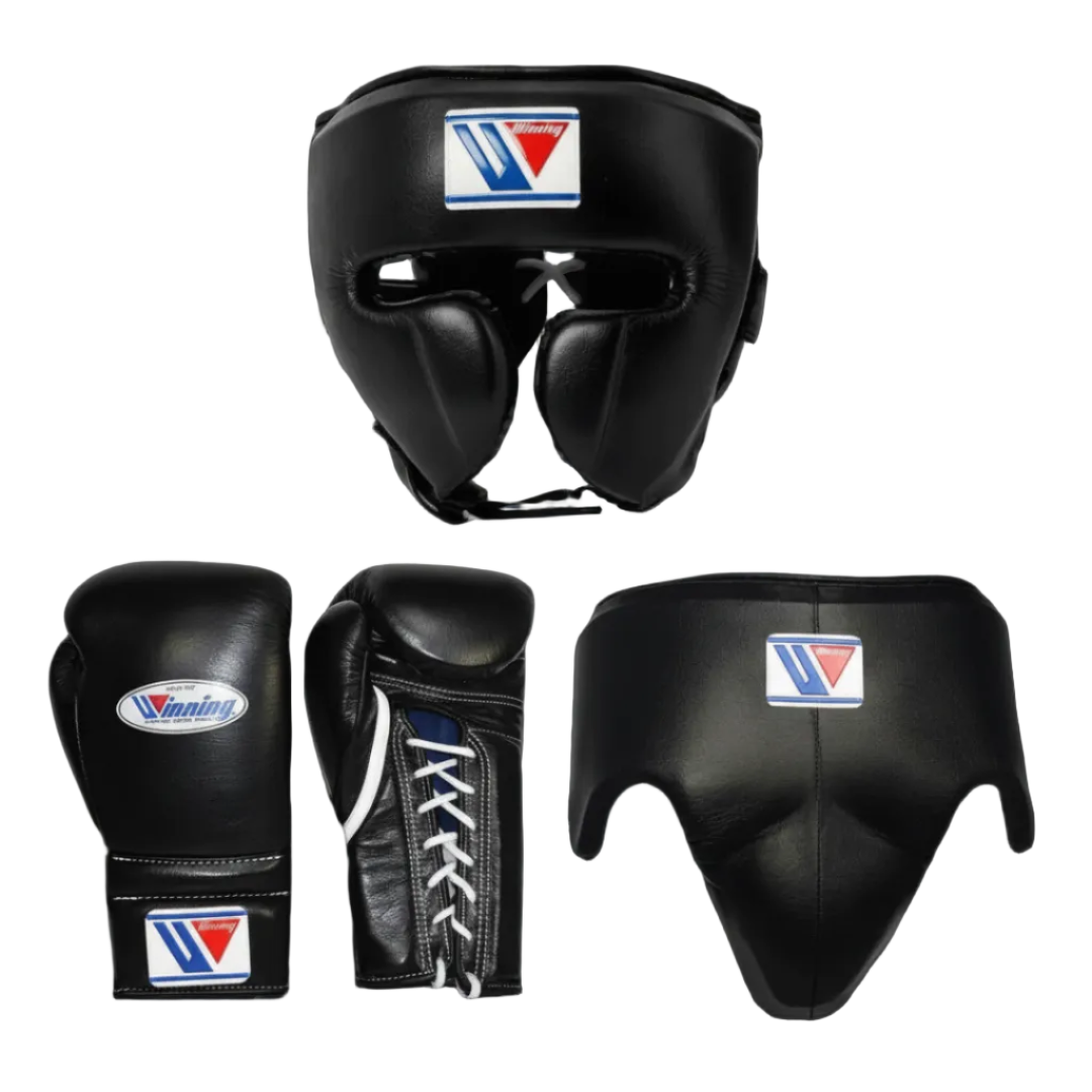Black leather boxing gear set including a headguard, boxing gloves, and a waist guard, shown against a dark blue gradient background. Each piece features a white, red, and blue Vindory logo patch.