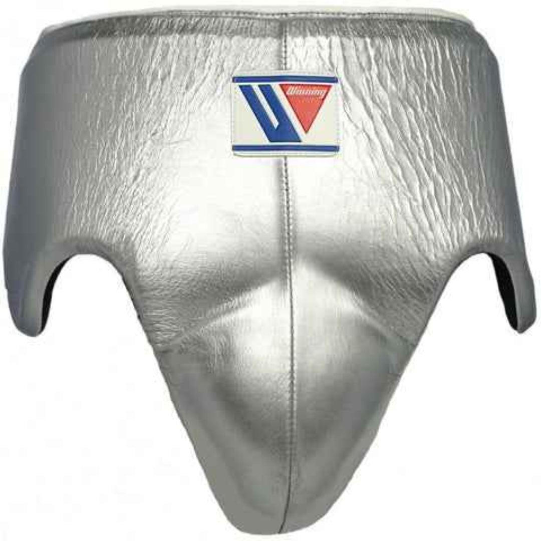 Silver protective gear with a logo on a white background