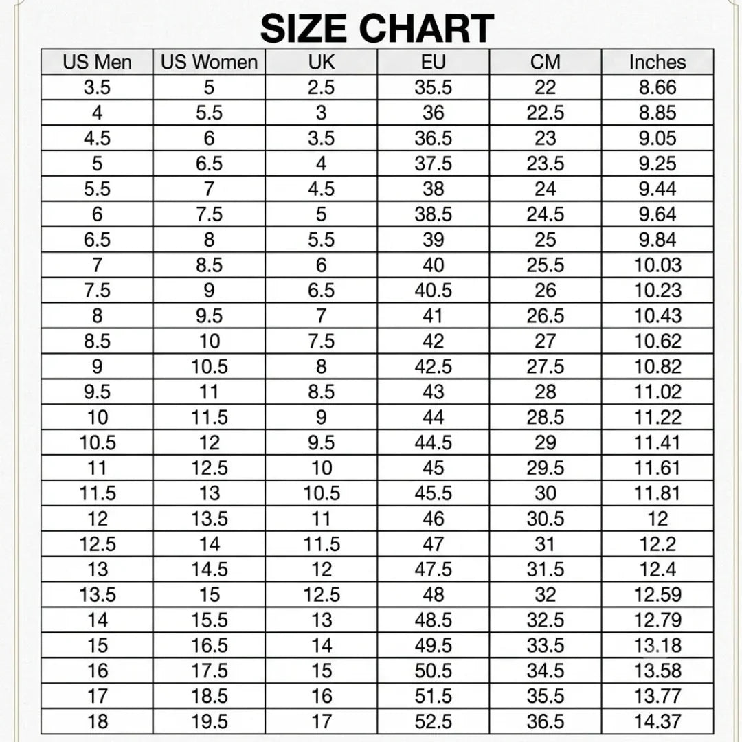 A size chart table with columns labeled US Men, US Women, UK, EU, CM, and Inches, headed by the title 'SIZE CHART'.