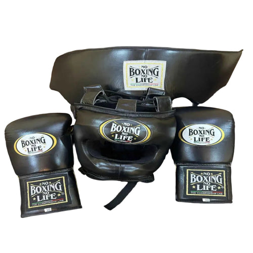 Black boxing gear set with 'No Boxing Life' branding on a wooden surface.