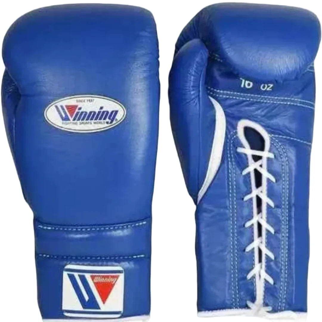 Blue boxing gloves with white laces and Winning logo on a white background