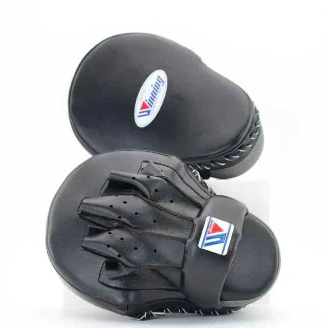 Pair of black boxing gloves with a brand logo on a white background