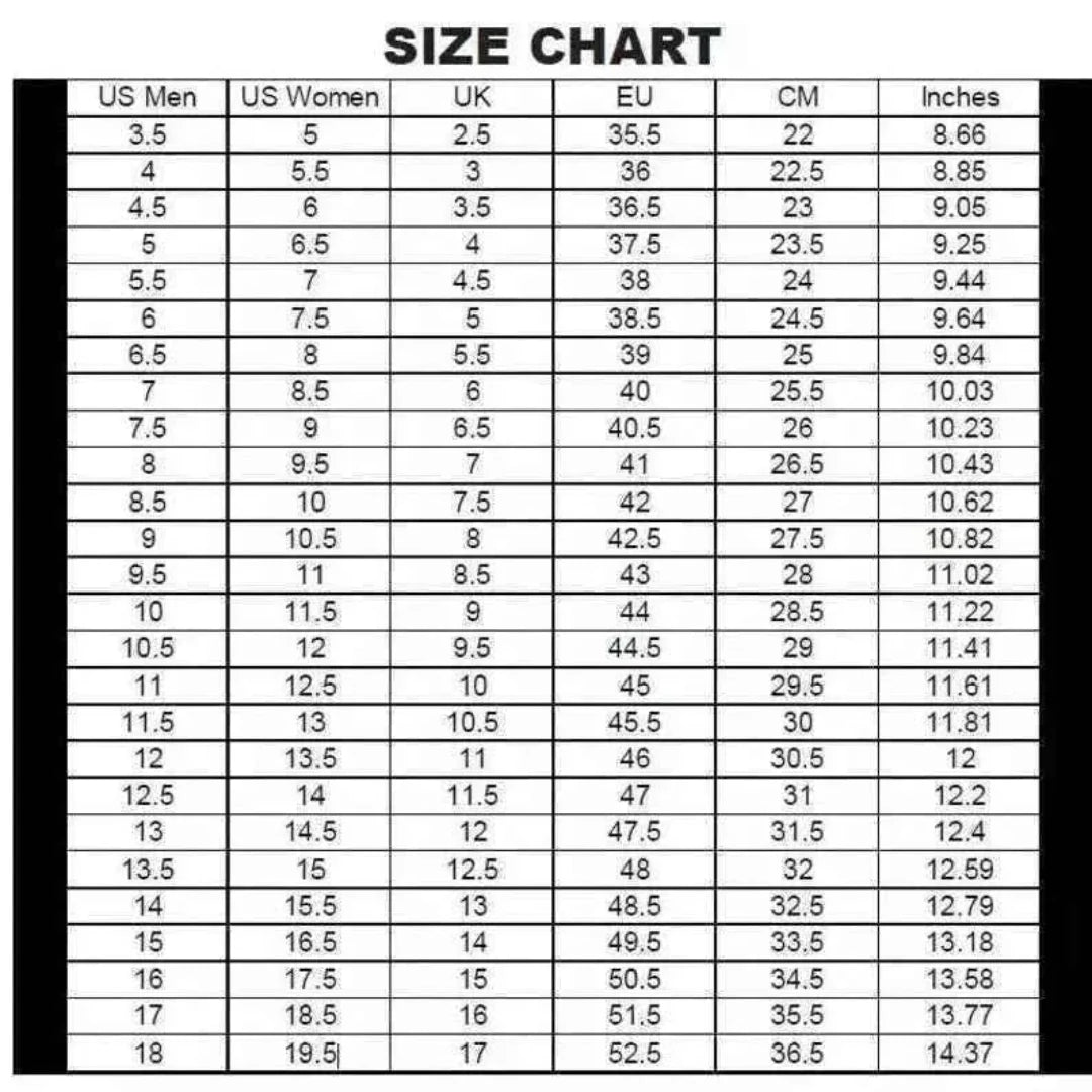 A black and white size chart table listing measurements in US Men, US Women, UK, EU, CM, and Inches for sizes 3.5 through 19.